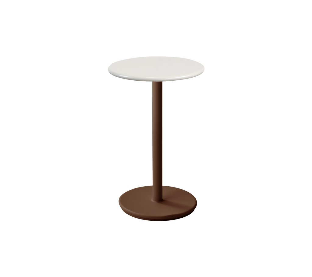 Table ronde moderne avec un dessus blanc et une base rouge désert.