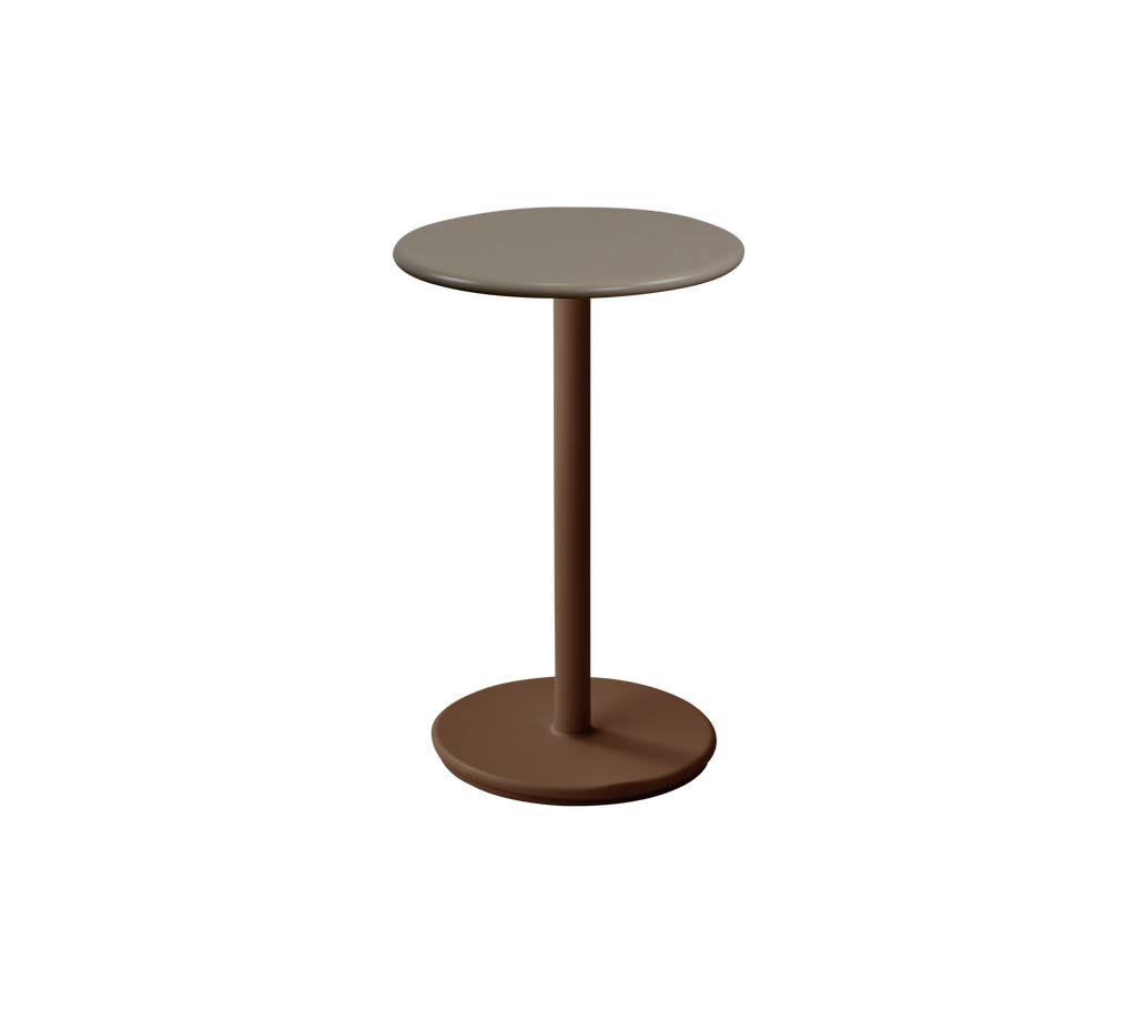 Table taupe moderne avec une base rouge désert dans un design minimaliste.