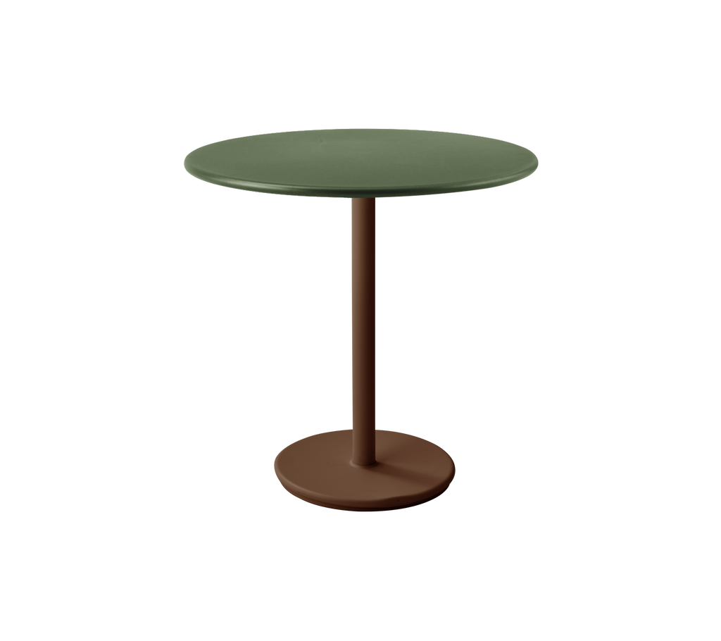 Table ronde moderne avec un plateau vert et une base marron.