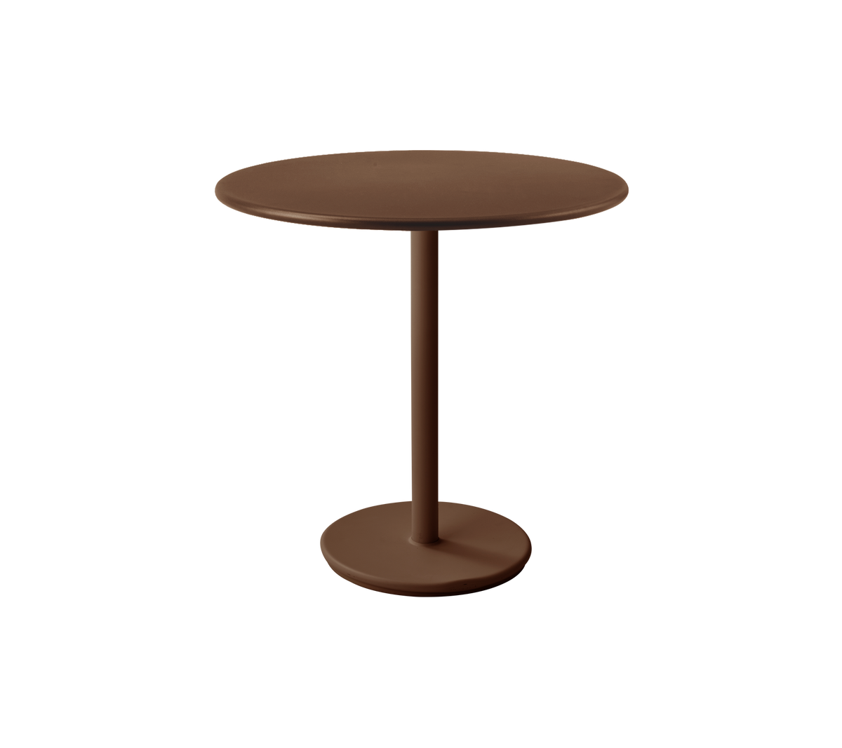Une table ronde rouge désert avec une base en piédestal simple.