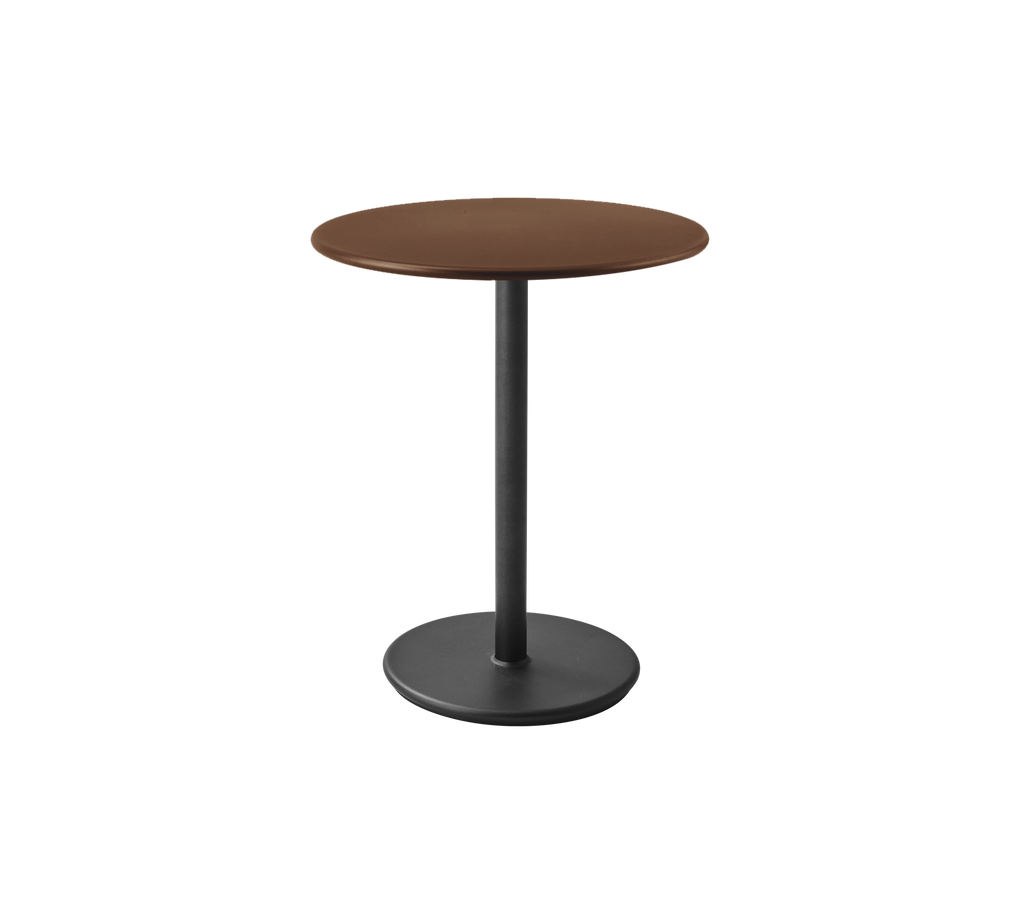 Table ronde avec un plateau marron et une base noire.