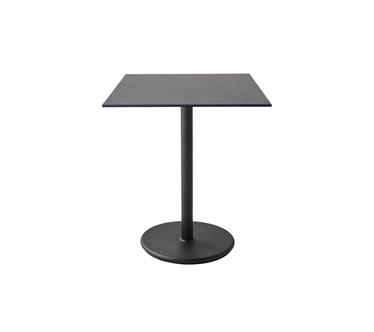 Table carrée avec une surface lisse et une base ronde robuste, conçue pour des espaces modernes et un usage polyvalent.
