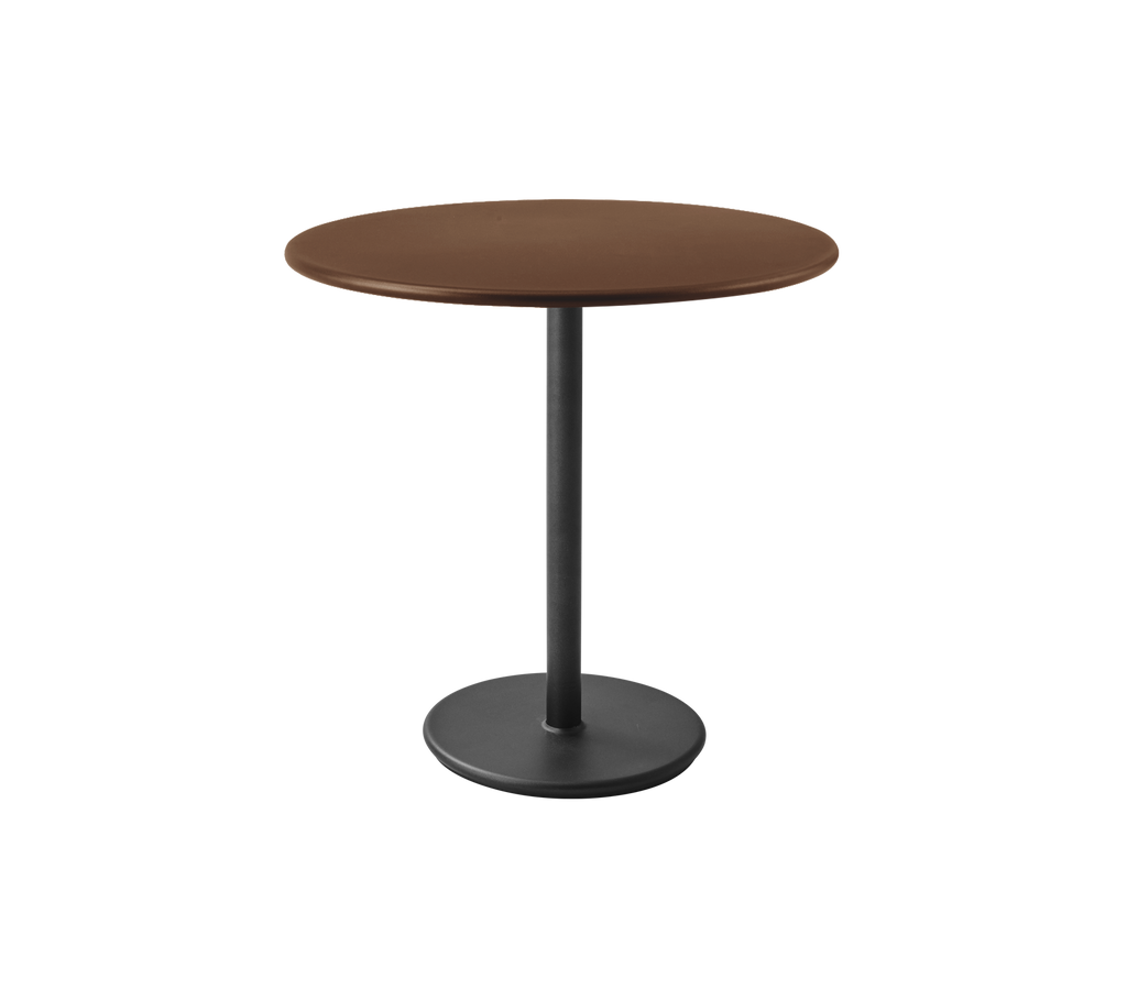 Table ronde avec un dessus brun et une base noire.
