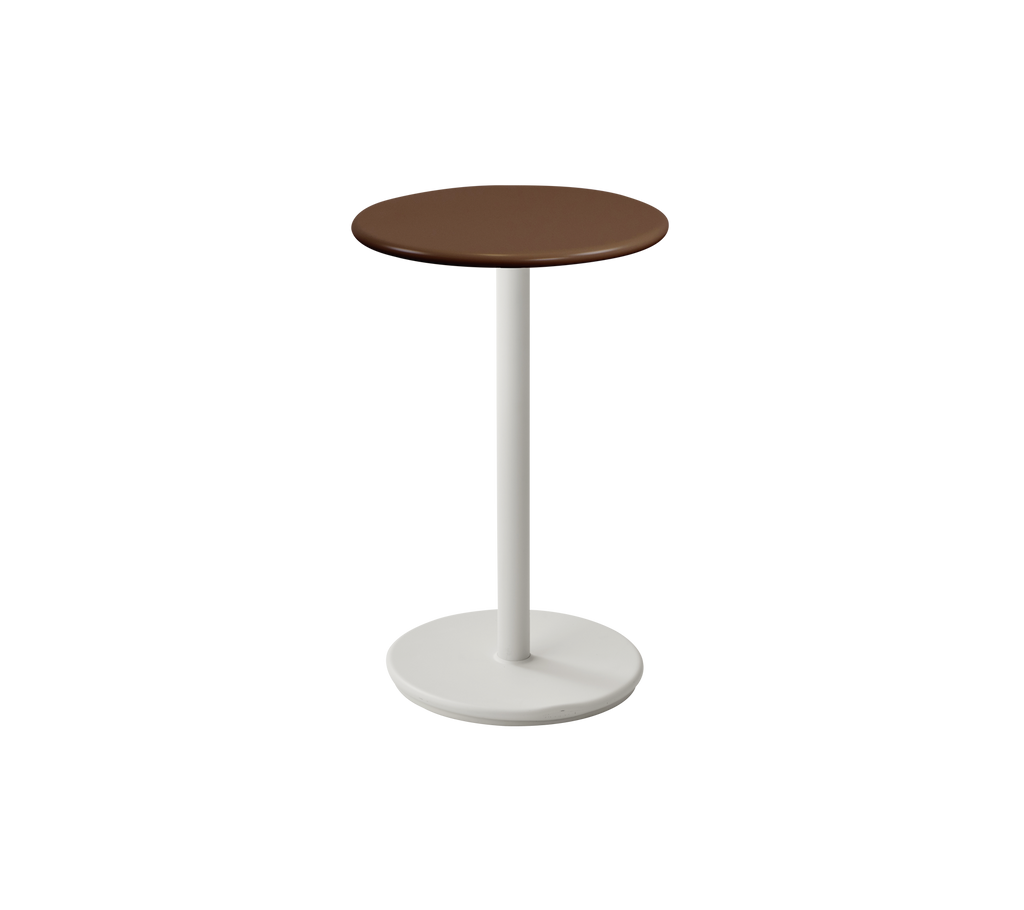 Table ronde avec un dessus brun et une base blanche.
