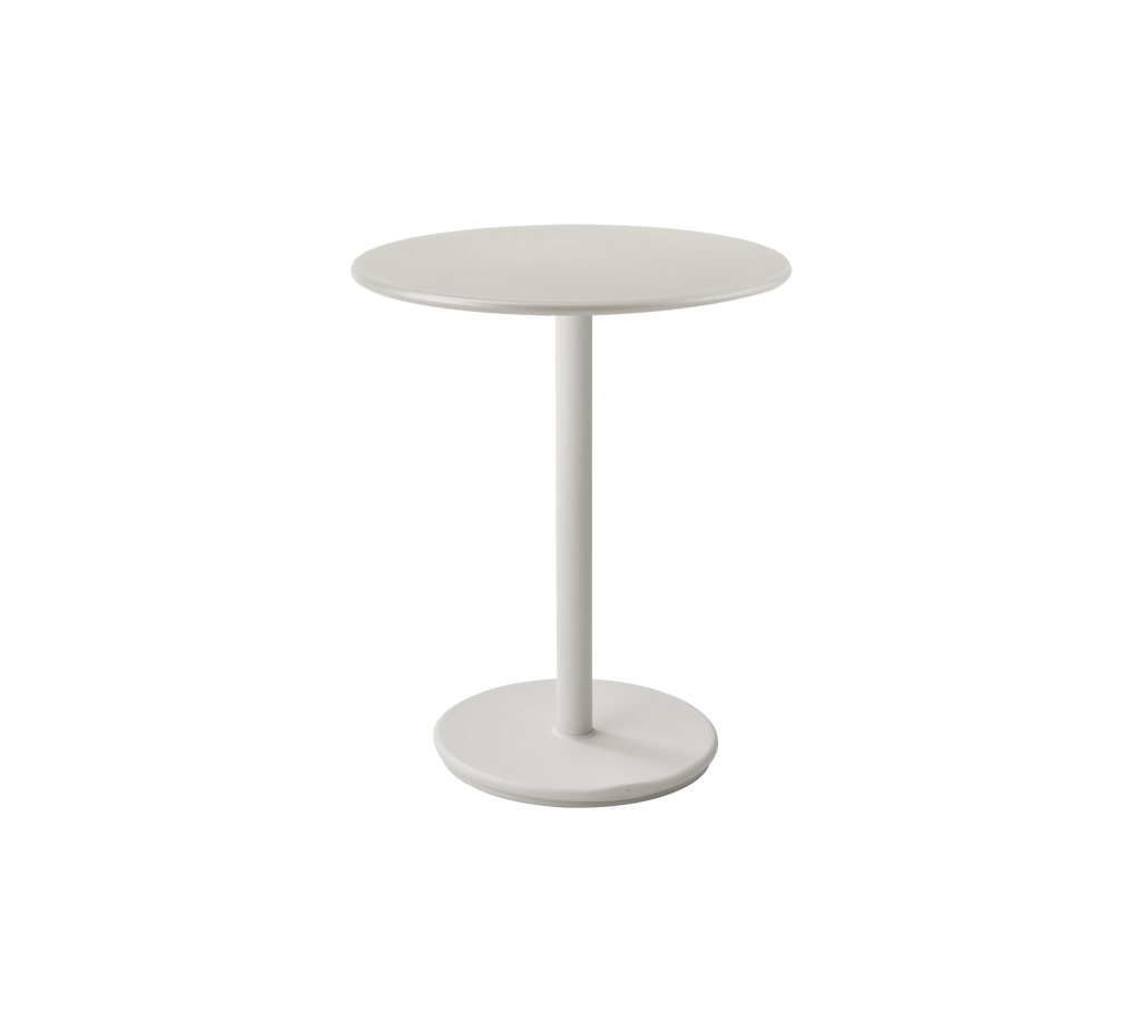Table blanche moderne avec un plateau circulaire et une base mince.