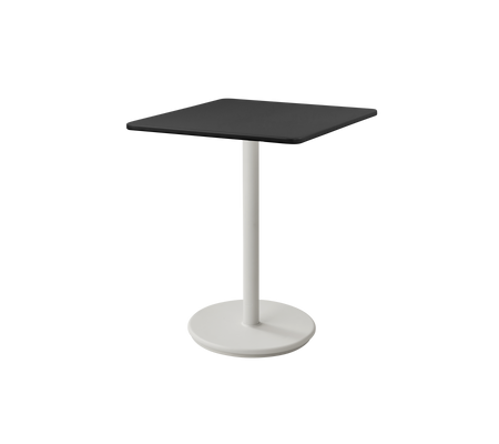 Table carrée noire au design épuré, soutenue par une base circulaire blanche. Idéale pour des espaces modernes.