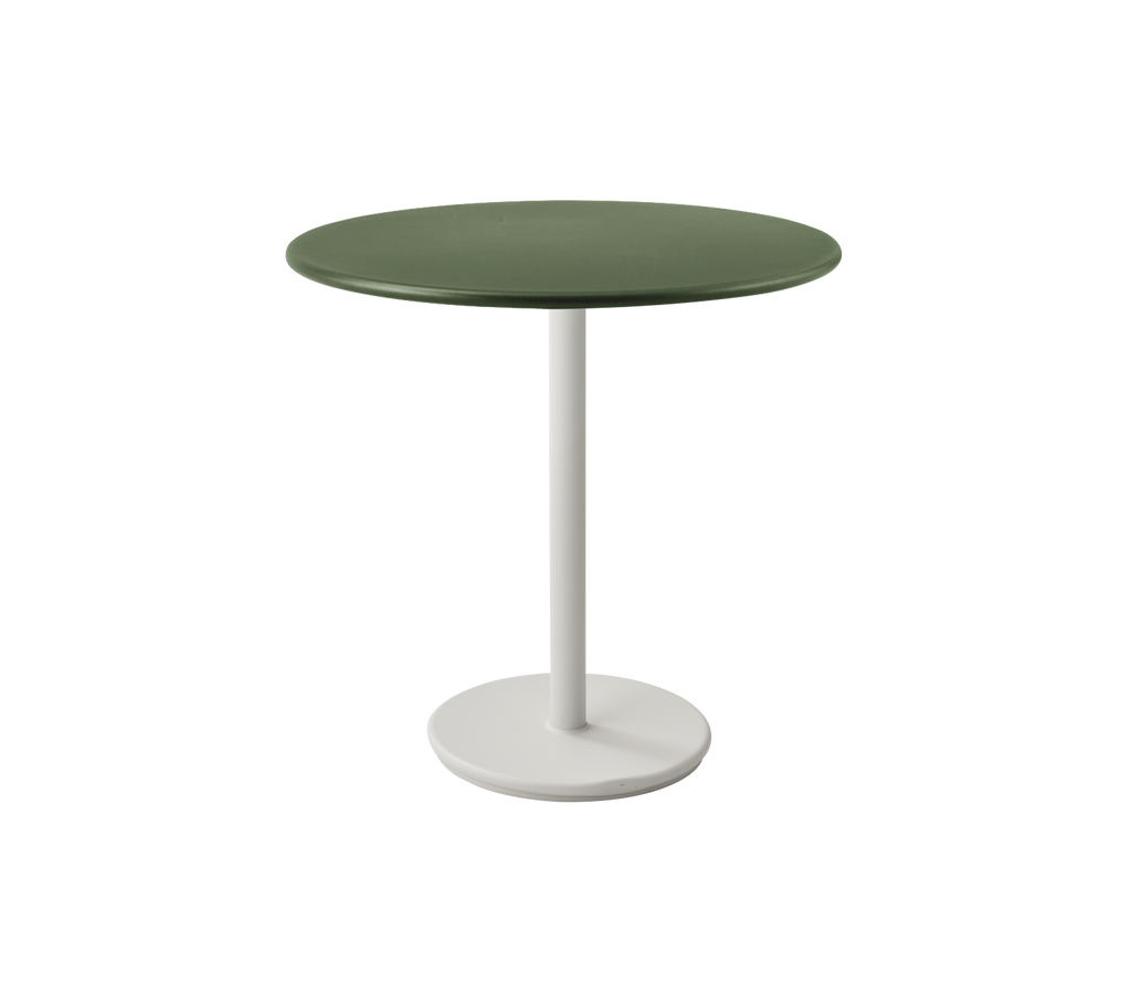 Table moderne vert foncé avec un dessus rond et une base blanche.