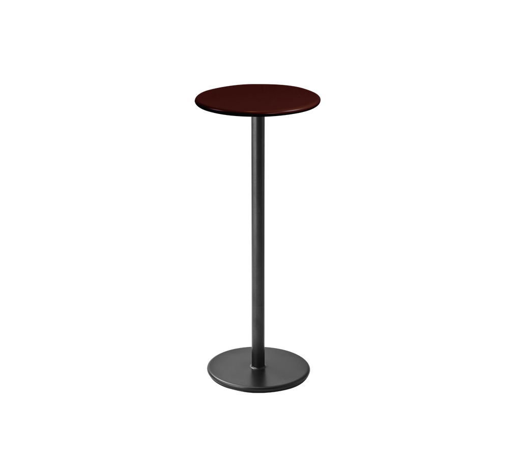 Table moderne bordeaux avec une base grise.