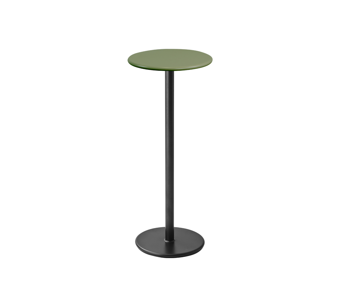 Table haute et élancée avec un plateau rond vert et une base noire, parfaite pour des ambiances décontractées ou des rassemblements sociaux.