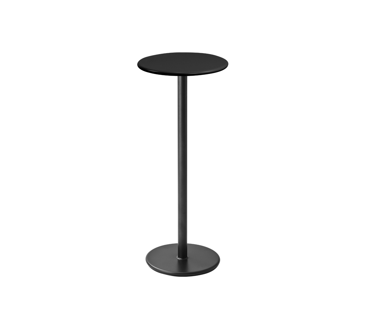 Une table ronde moderne et élégante avec un dessus noir et une base noire mince, idéale pour des repas ou des boissons décontractés.