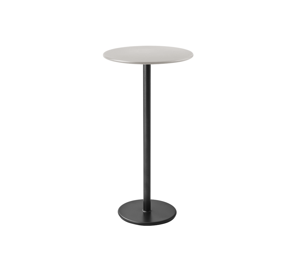 Table grise moderne avec un design épuré et une base noire.