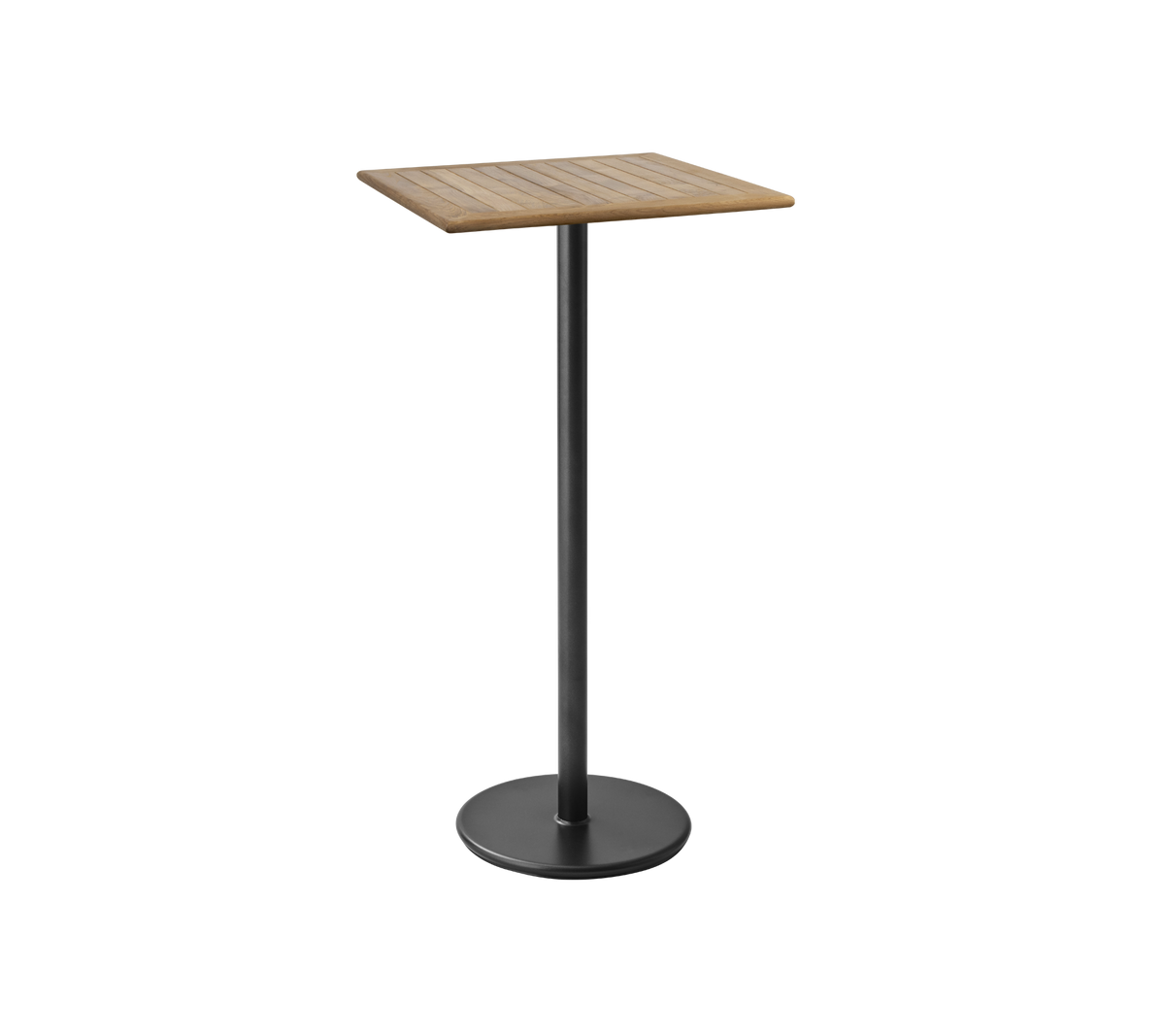 Une table élégante et moderne avec un plateau en bois carré et une base en métal noir robuste, parfaite pour des repas décontractés ou des apéritifs.