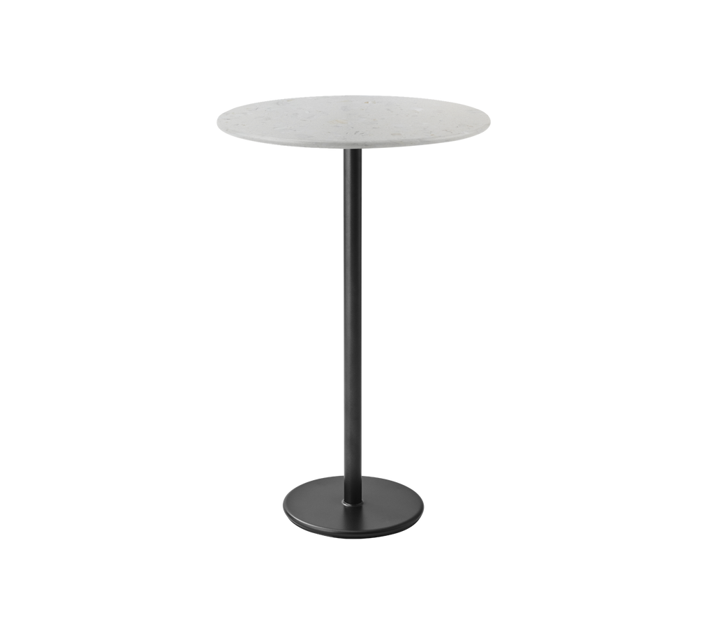 Table ronde avec un dessus gris et une base noire.
