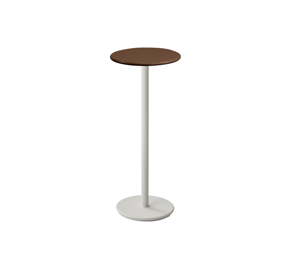 Table ronde avec un dessus marron et une base blanche.