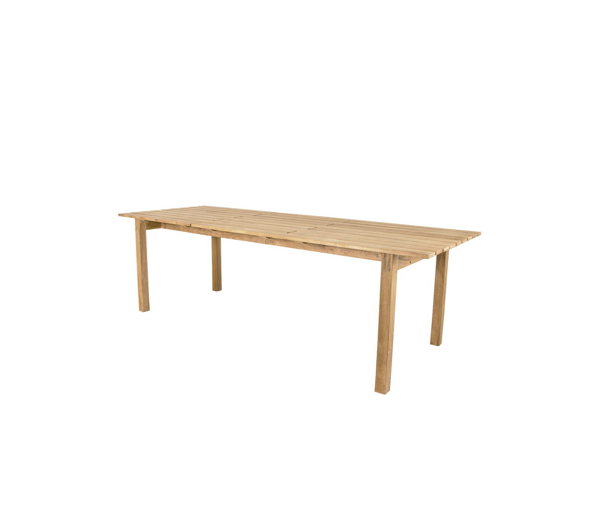 Table en bois avec une finition naturelle, dotée de quatre pieds robustes et d'une surface rectangulaire spacieuse, adaptée pour manger ou travailler.