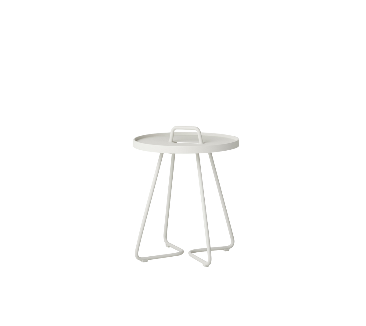 Table d'appoint ronde moderne au design minimaliste avec des pieds anguleux robustes dans une finition blanche claire.