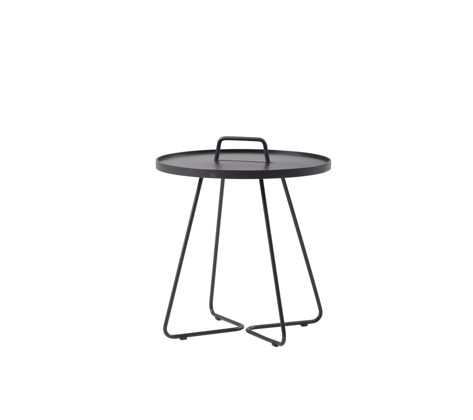 Table ronde noire avec un dessus en forme de plateau et une base en fil minimaliste, conçue pour la polyvalence et le style.