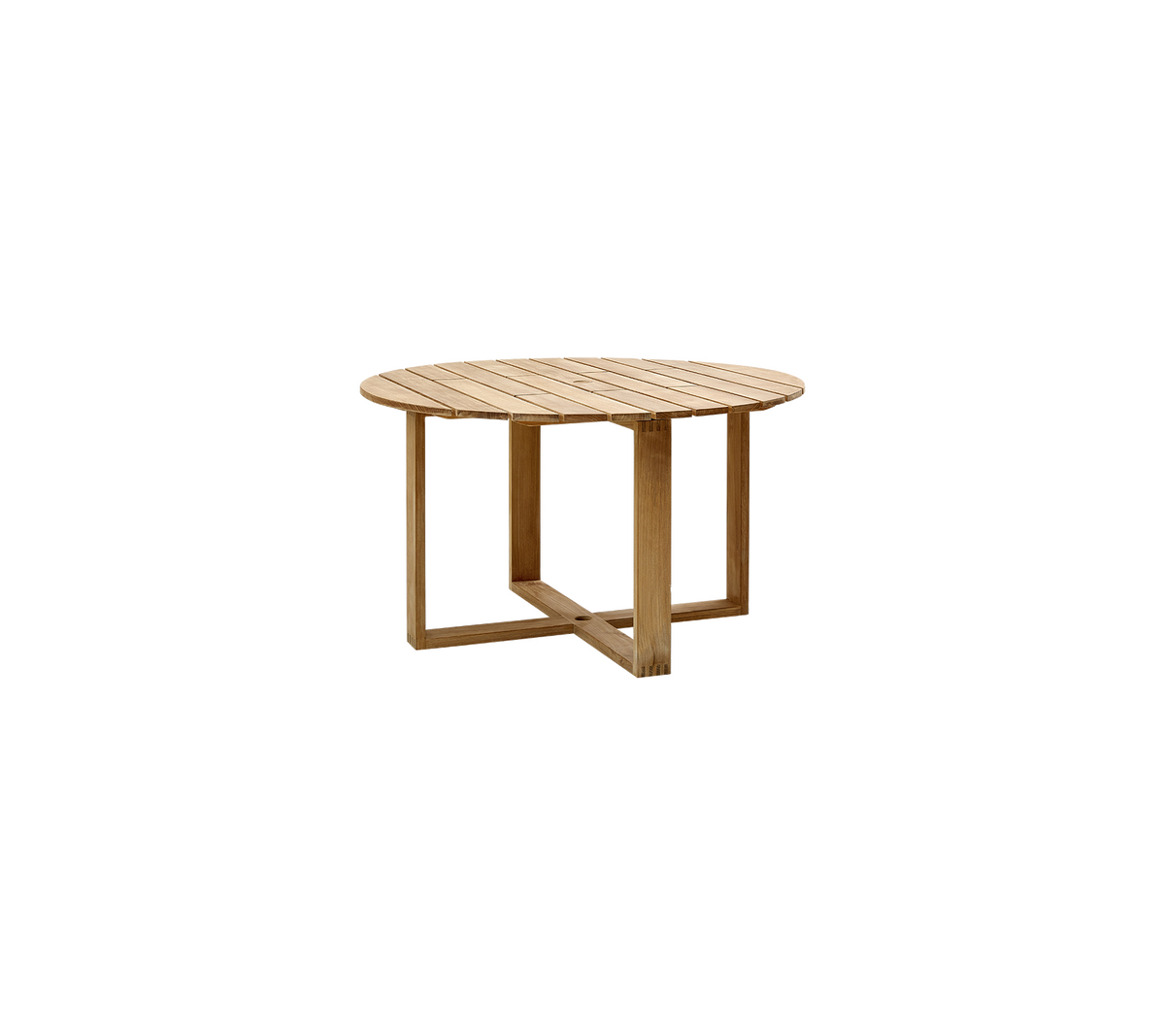 Table basse ronde en bois avec un plateau à lamelles et une base géométrique unique, mettant en avant une finition naturelle et un design contemporain.