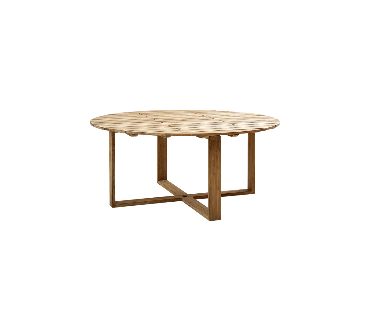 Table ronde en bois avec une finition naturelle et une base solide en croix, conçue pour un usage polyvalent.