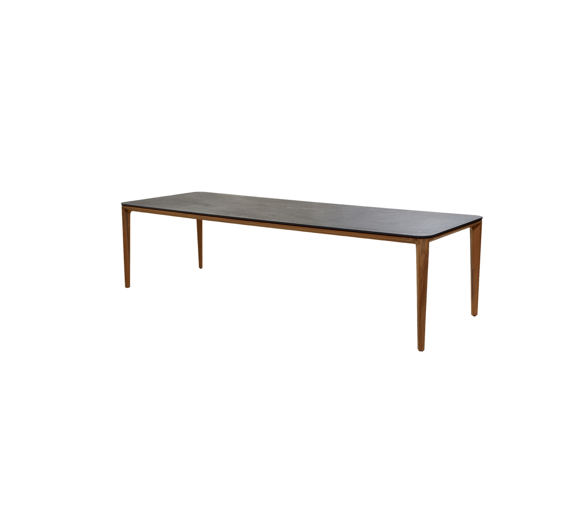 Long table rectangulaire avec un cadre en bois et un dessus lisse, adapté à différents environnements et usages.