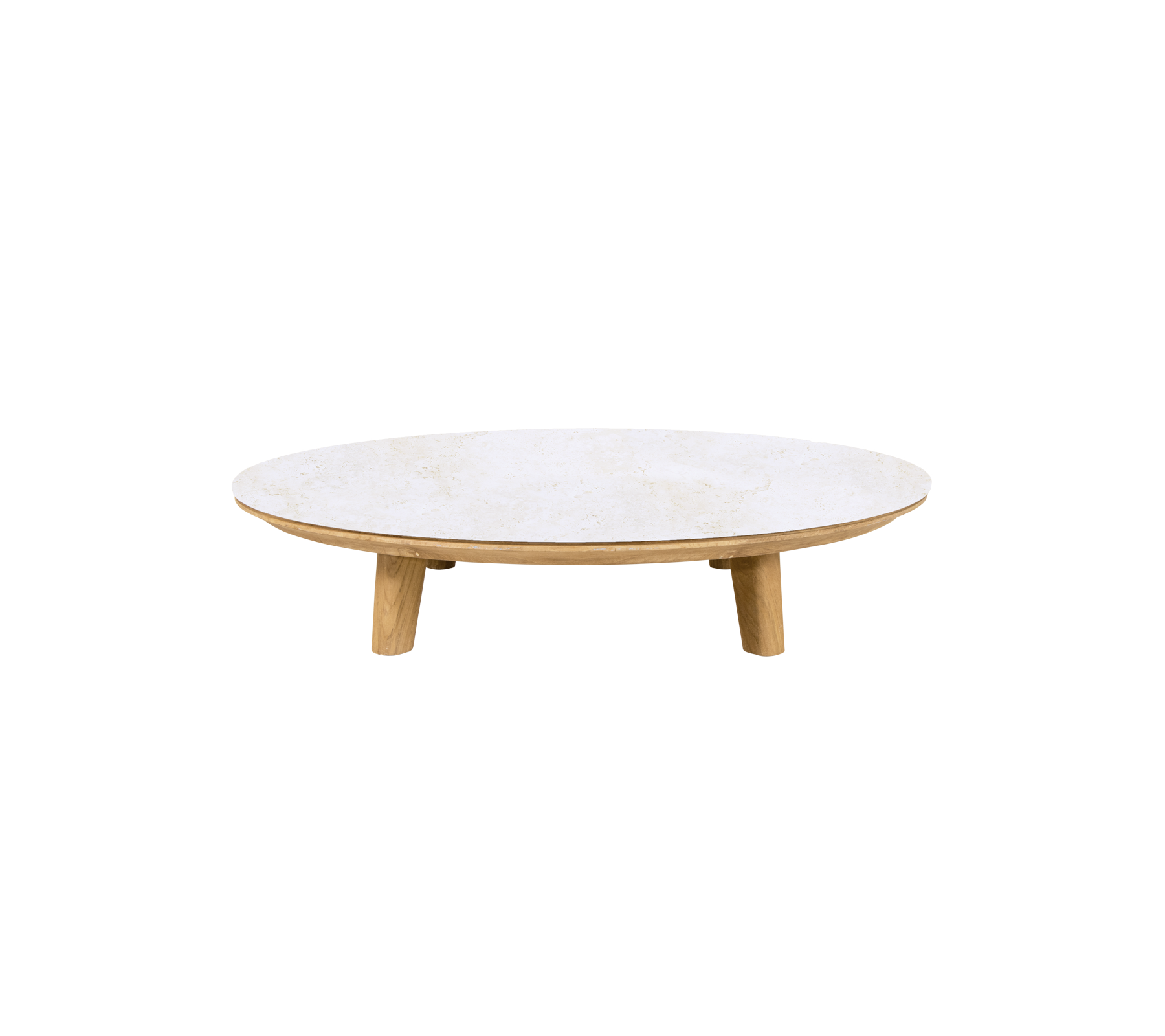 Table ronde en travertin avec des pieds en teck.