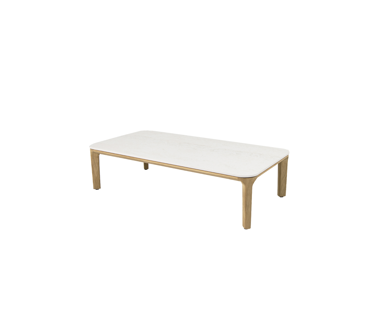 Table basse rectangulaire avec une surface blanche élégante et des pieds en bois naturel, idéale pour les espaces de vie modernes.