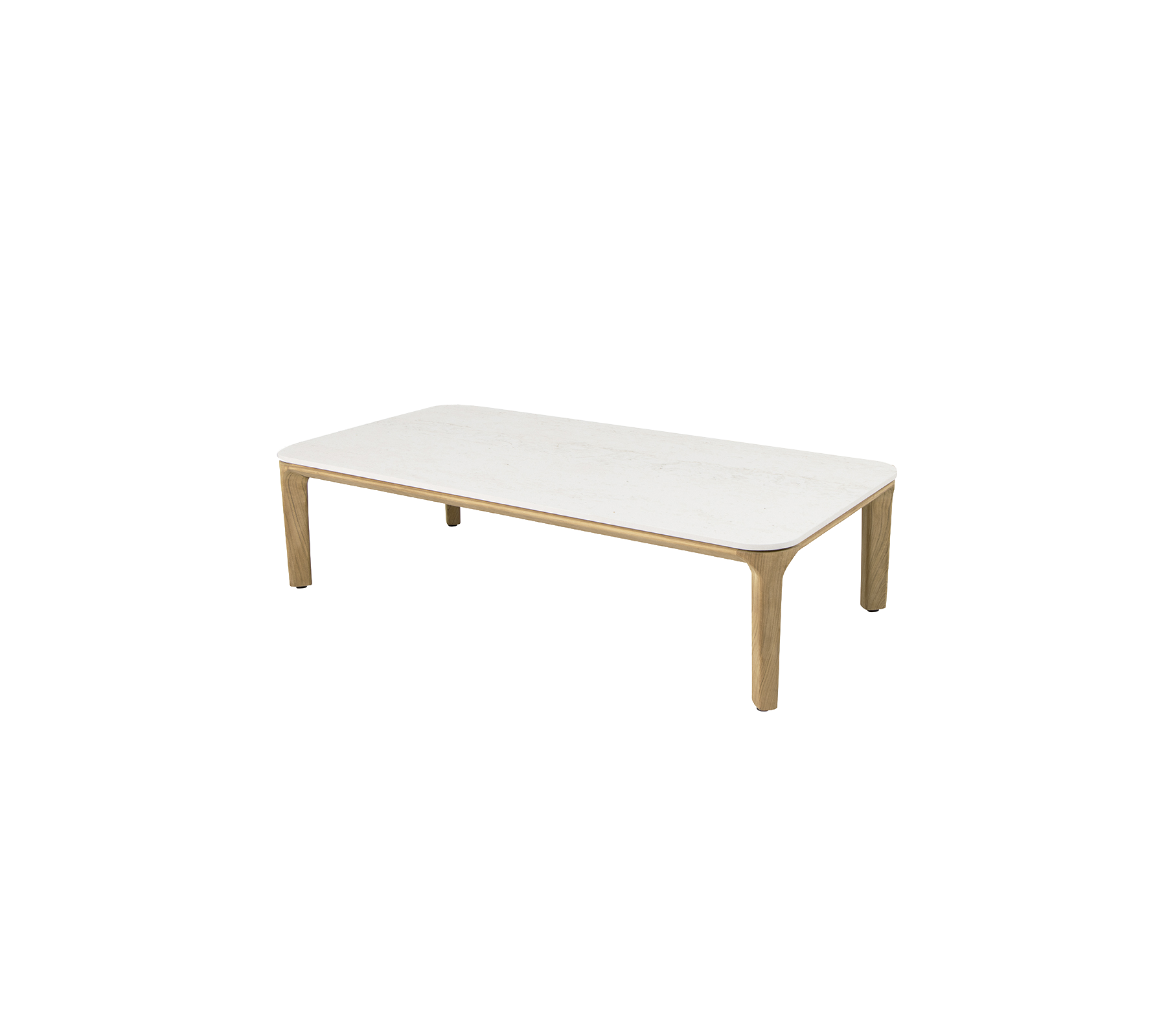 Table basse rectangulaire avec une surface blanche élégante et des pieds en bois naturel, idéale pour les espaces de vie modernes.
