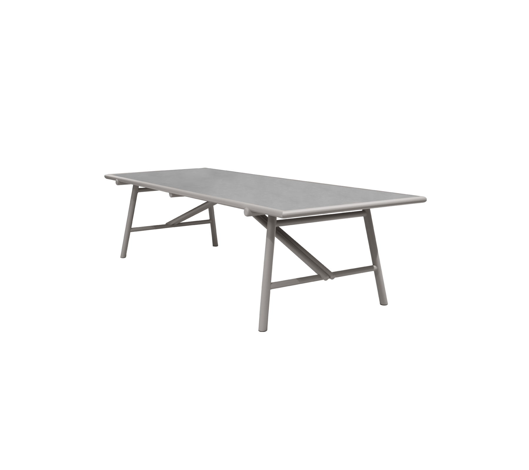 Table rectangulaire avec un plateau gris et un design croisé robuste, idéale pour divers environnements et rassemblements. Léger et esthétique moderne.