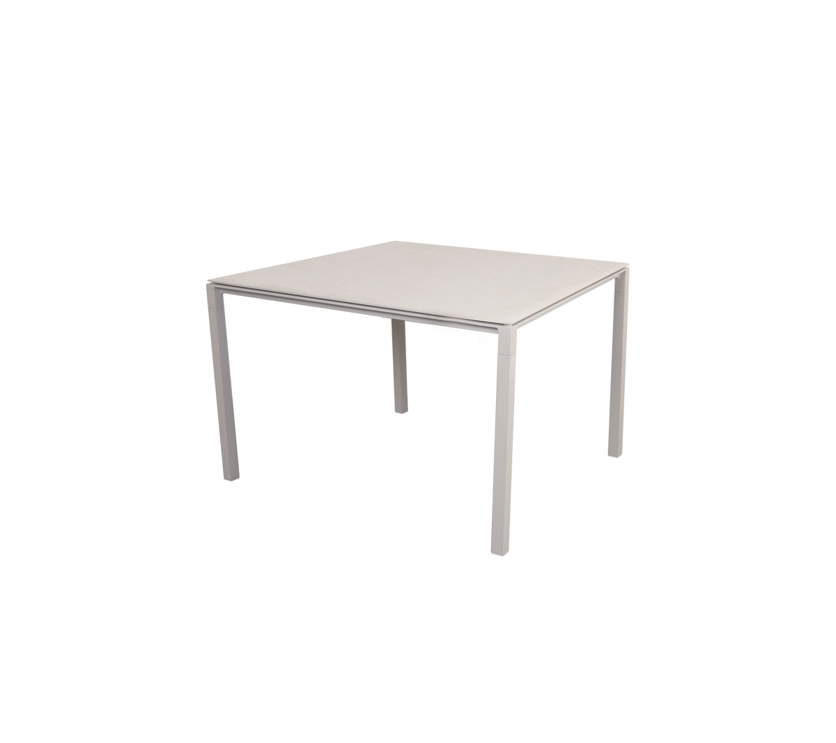 Table carrée avec un design élégant et minimaliste, dotée d'une surface plane et de quatre pieds robustes, adaptée à divers environnements.