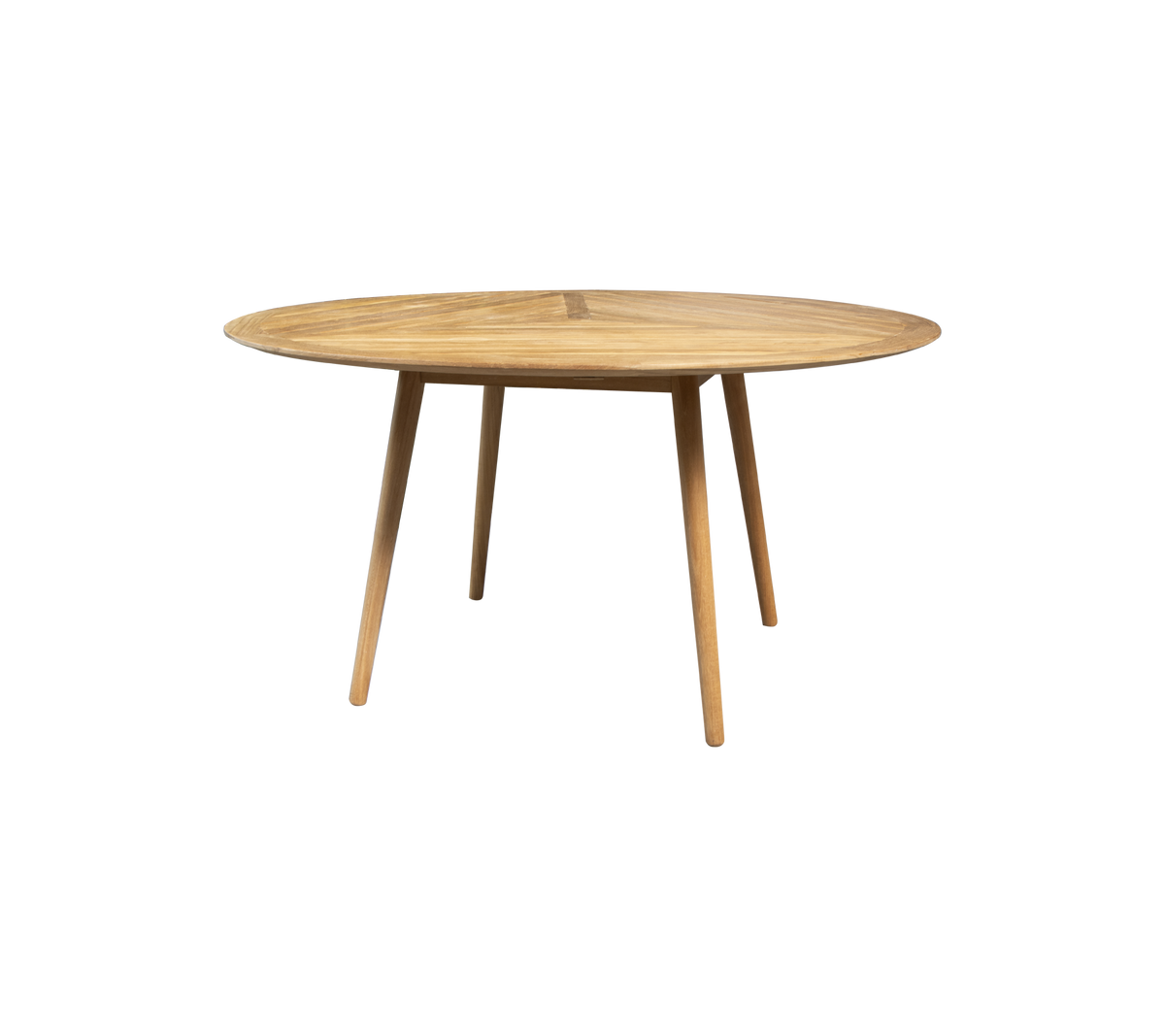 Table ronde en bois avec une surface lisse et quatre pieds effilés, conçue pour des arrangements de repas ou de travail polyvalents.