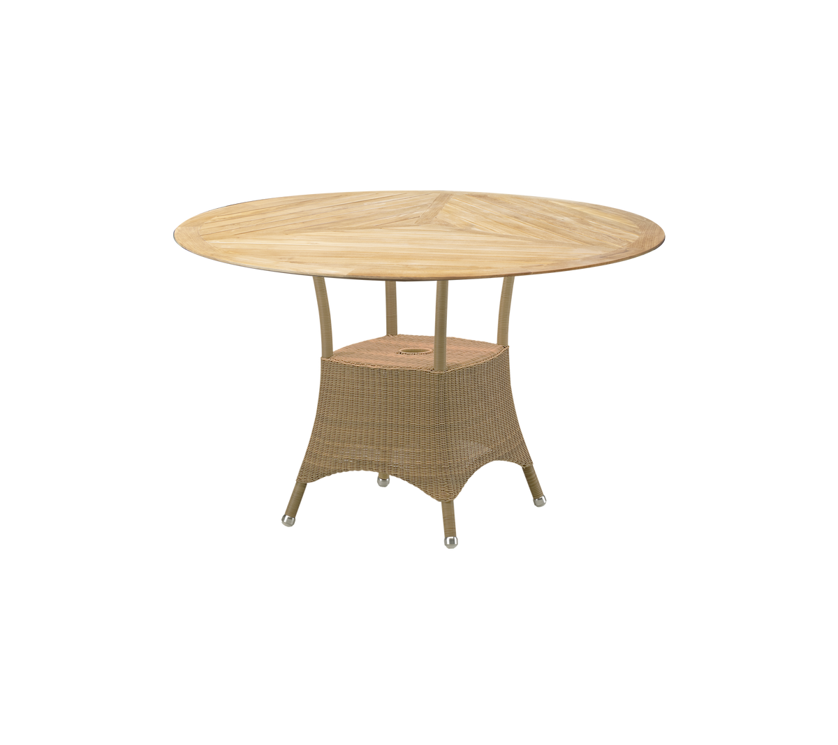 Table ronde avec un plateau en bois et une base tissée, conçue pour le divertissement et les repas en extérieur. Convient aux rassemblements animés.