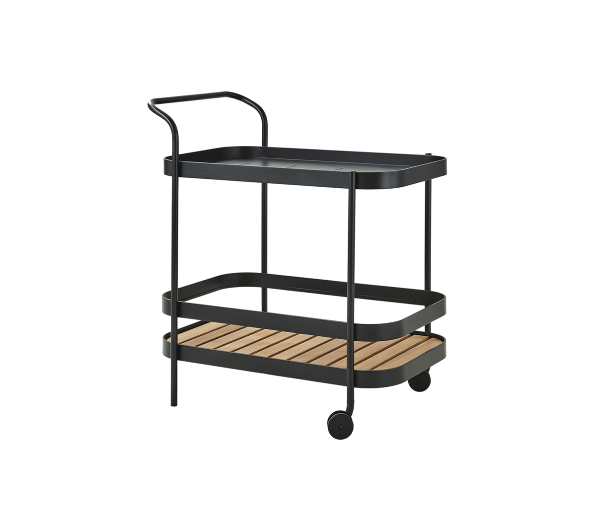 Un chariot de service à deux niveaux élégant avec un plateau noir et des étagères en bois, doté d'une poignée et de roues pour une mobilité aisée.