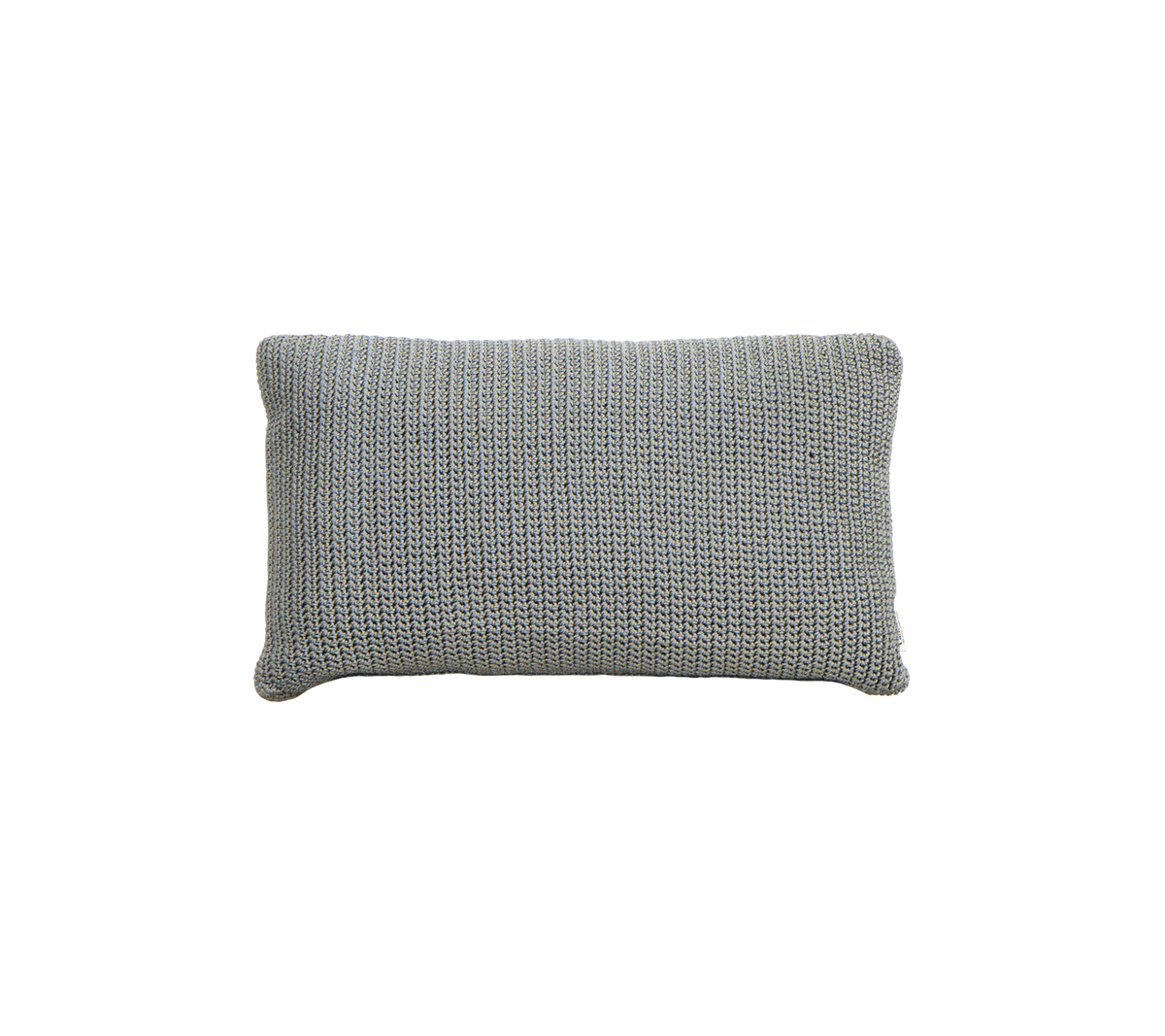 Coussin rectangulaire en tissu doux et texturé, de couleur gris clair, ajoutant une touche chaleureuse à n'importe quel espace.