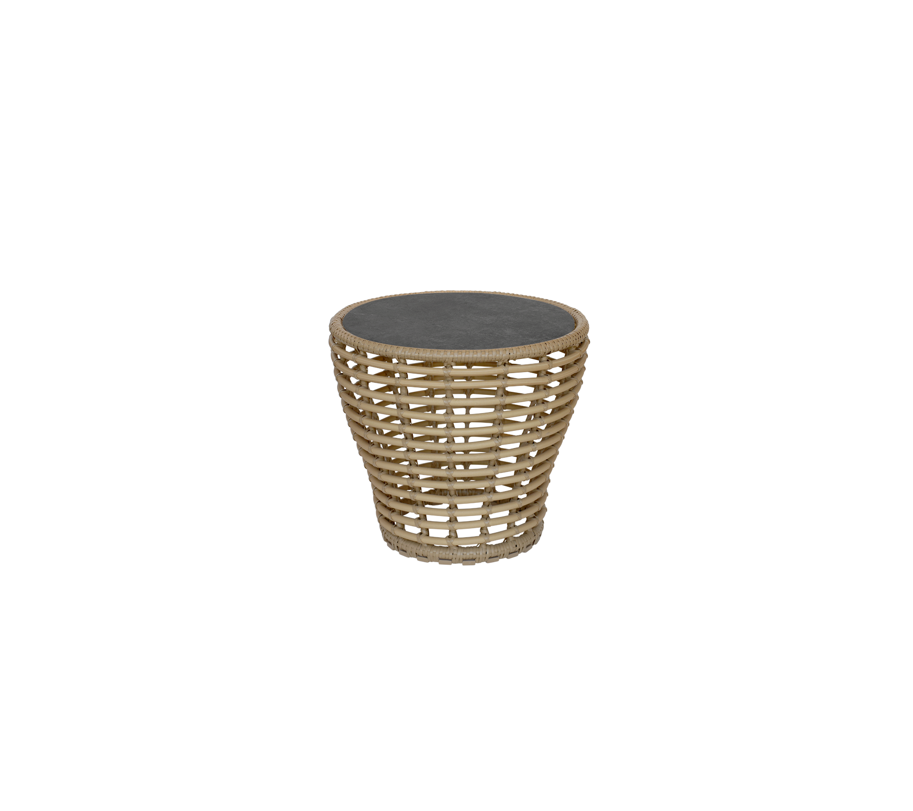 Une table d'appoint ronde élégante avec un design tissé et un plateau sombre, parfaite pour apporter une touche moderne à tout espace.
