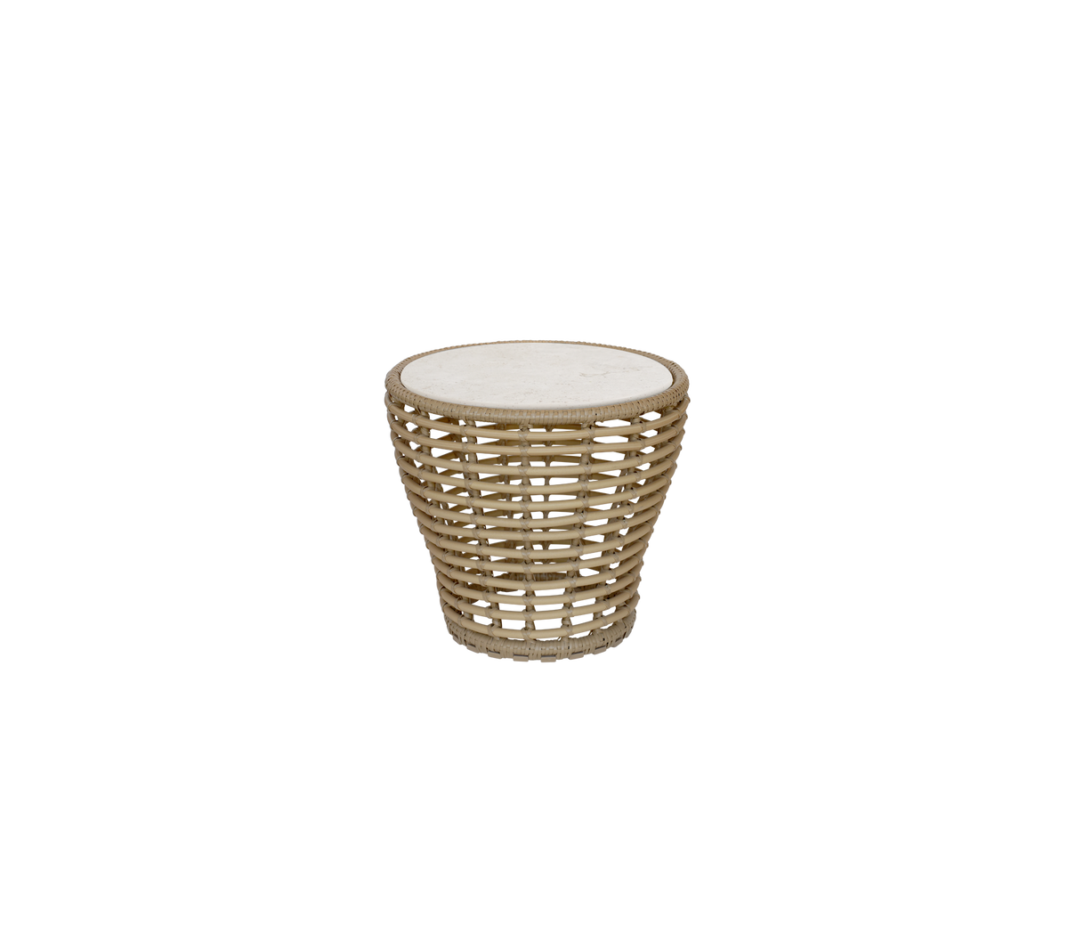 Table naturelle avec un dessus rond et un design tressé.
