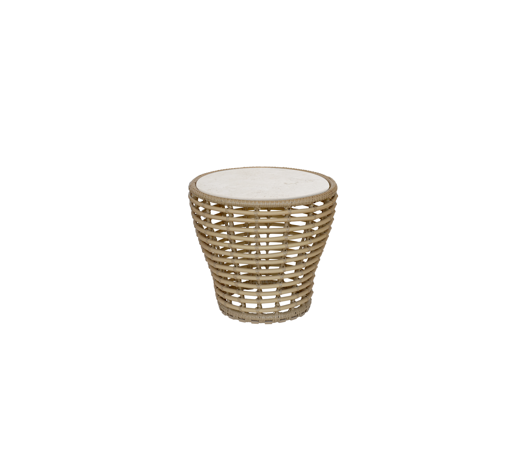 Table naturelle avec un dessus rond et un design tressé.