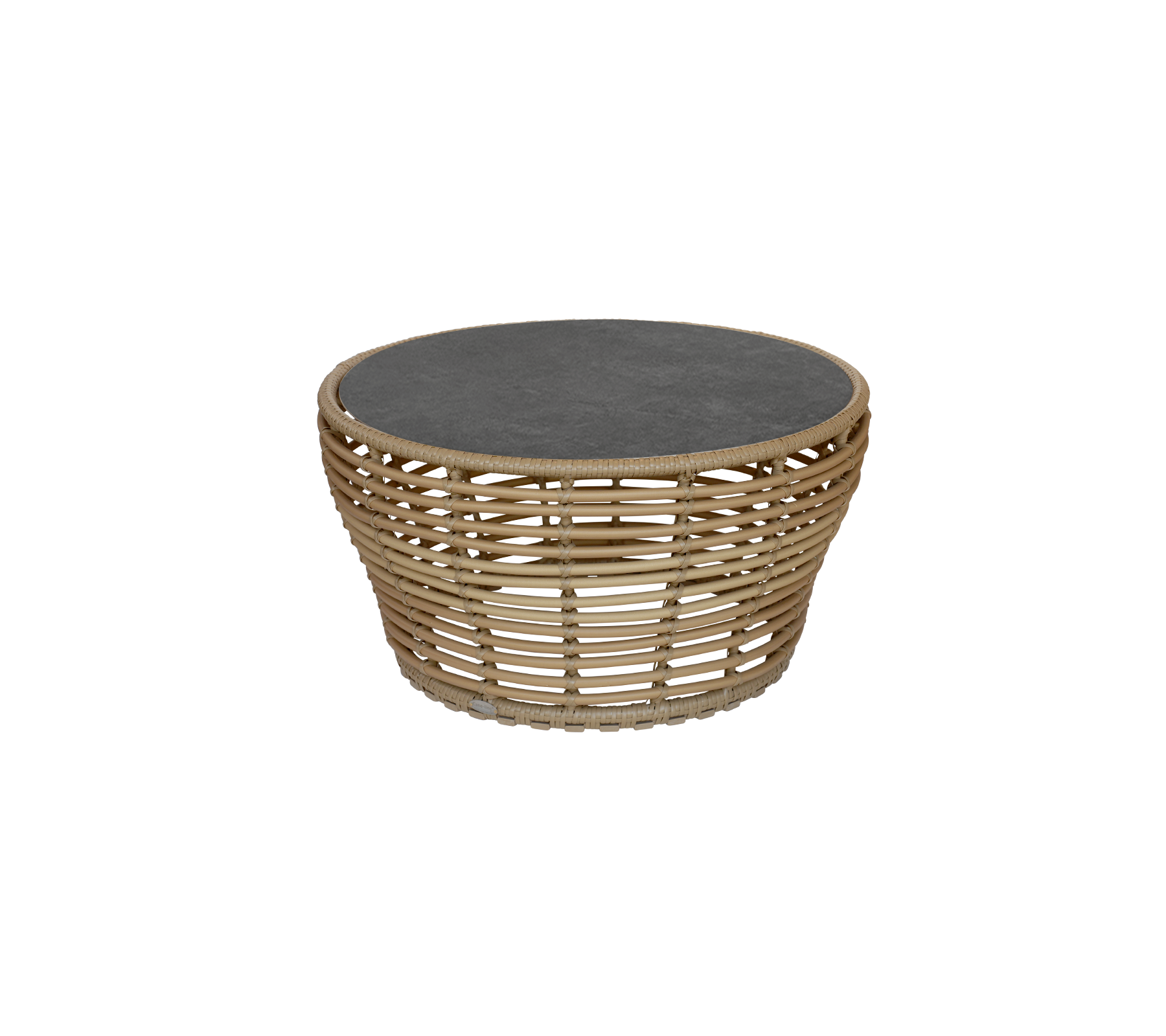 Table ronde avec un plateau foncé et une base en matériau naturel tissé, ajoutant une touche moderne à tout espace.