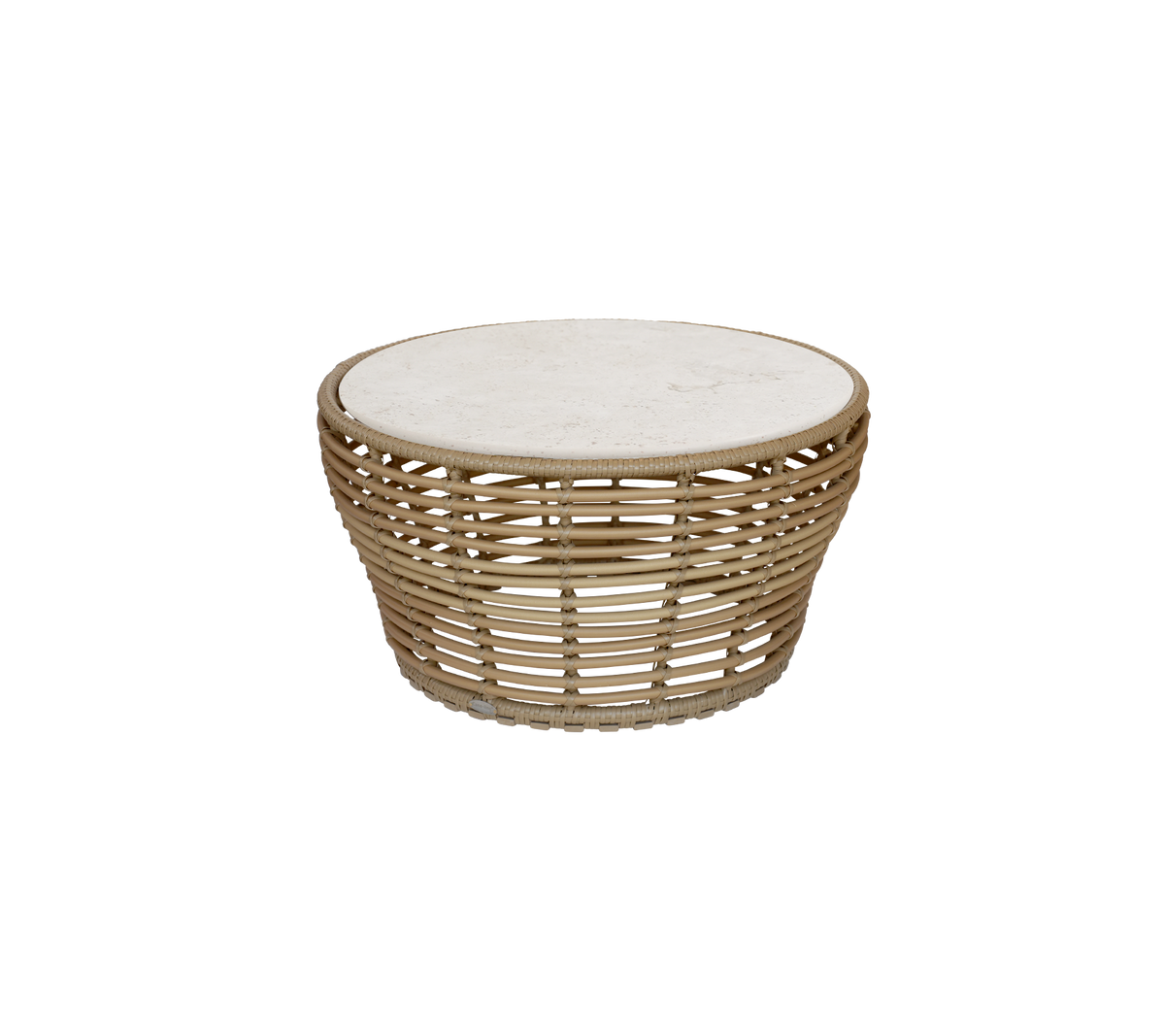 Table ronde avec une finition naturelle et un dessus clair.
