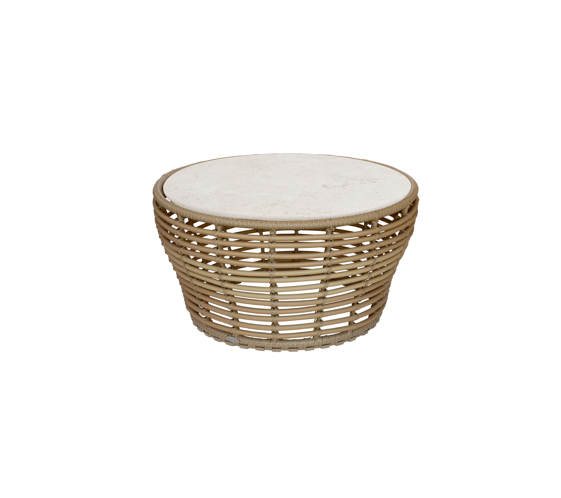 Table ronde avec une finition naturelle et un dessus clair.