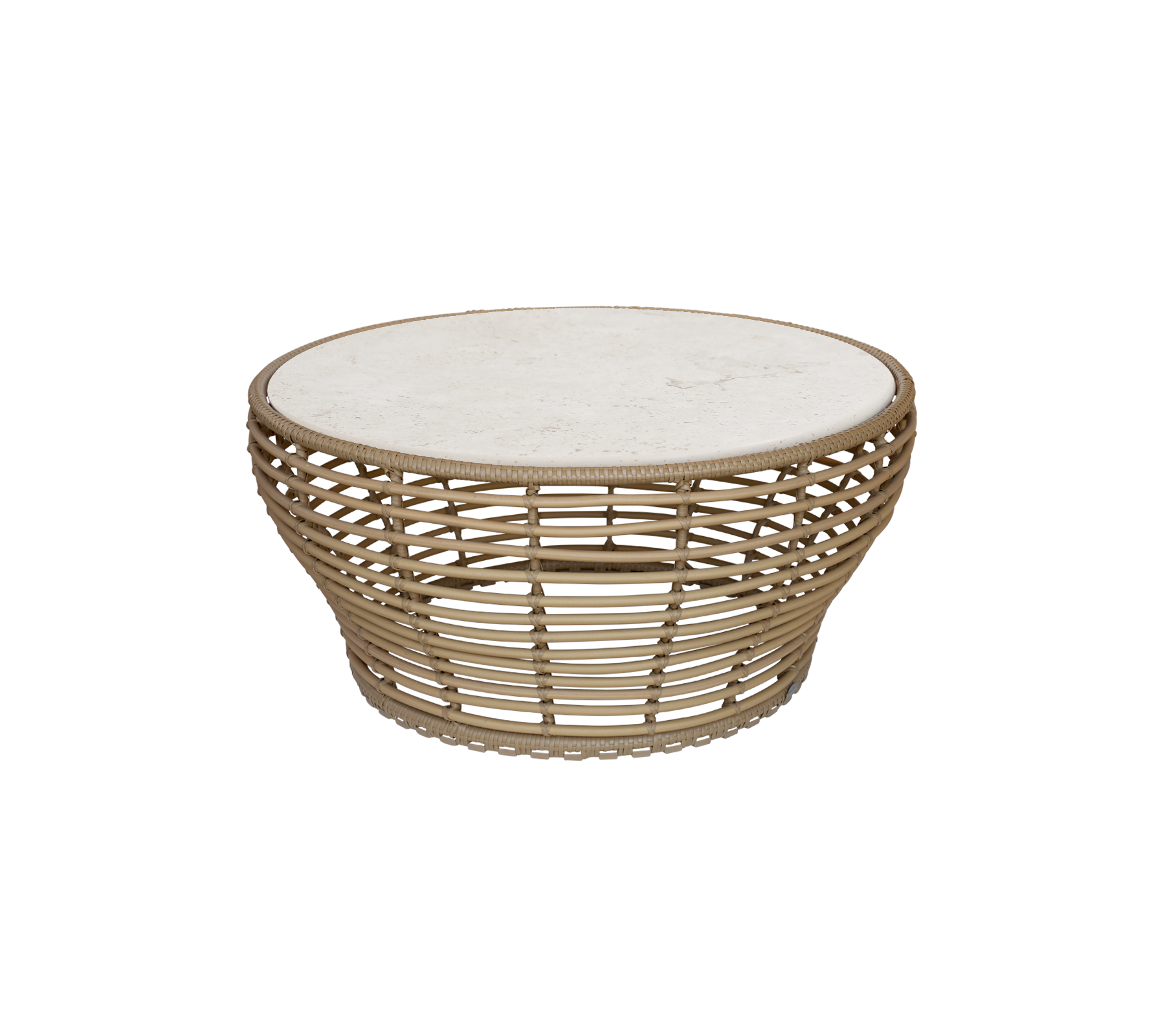 Table basse naturelle avec un plateau rond et un design tissé ouvert.
