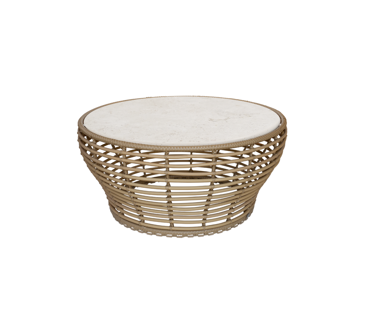 Table basse naturelle avec un plateau rond et un design tissé ouvert.