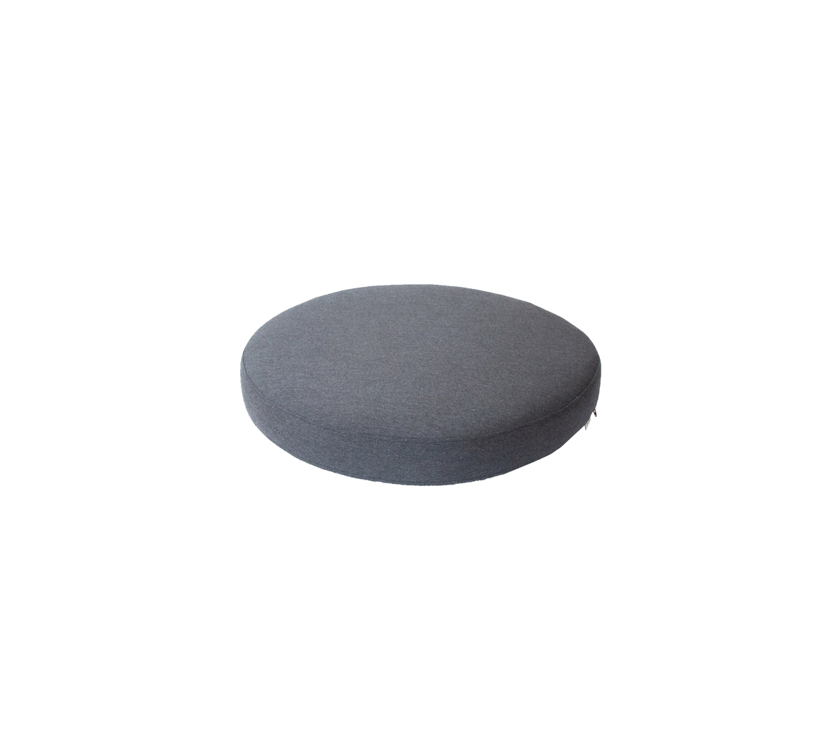 Coussin rond, gris foncé avec une surface lisse, idéal pour s'asseoir ou pour des fins décoratives.