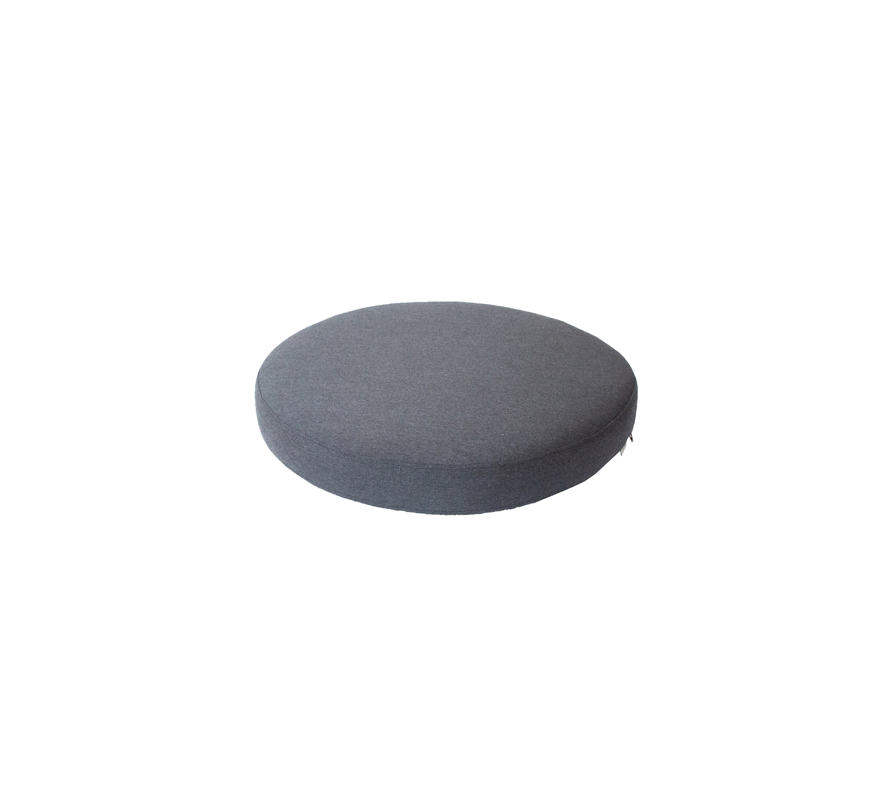 Coussin rond, gris foncé avec une surface lisse, idéal pour s'asseoir ou pour des fins décoratives.