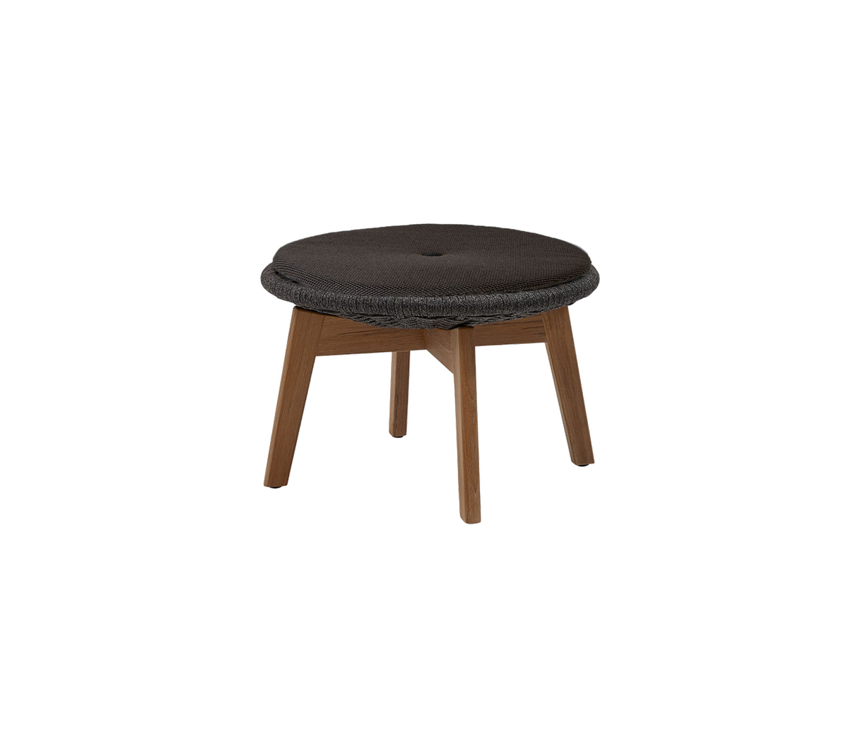 Tabouret rond rembourré avec une surface sombre et des pieds en bois, conçu pour le confort et le style. Idéal pour des agencements d'assise polyvalents.