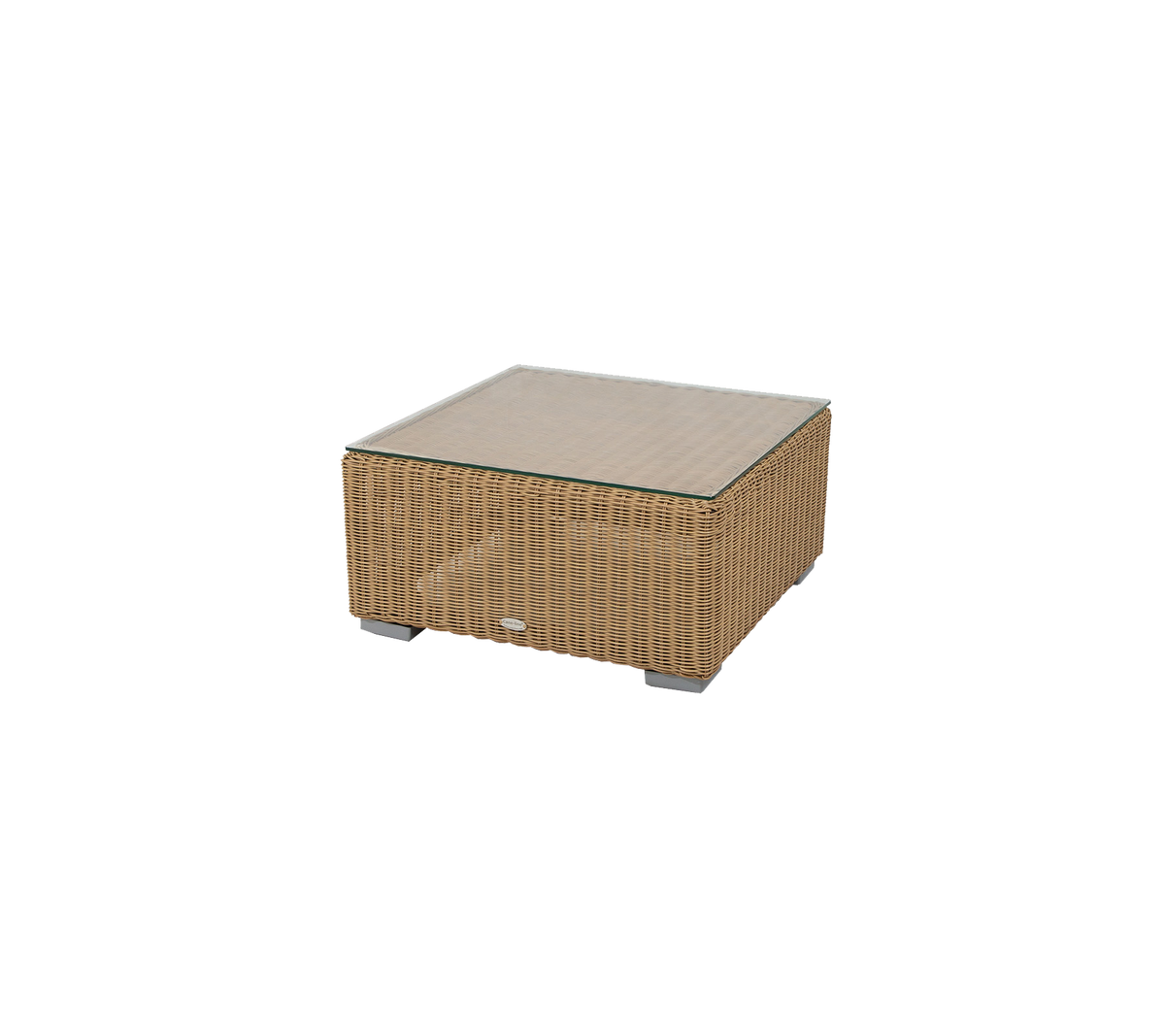 Table basse carrée avec un design tissé et un plateau en verre, idéale pour une décoration élégante dans divers environnements.
