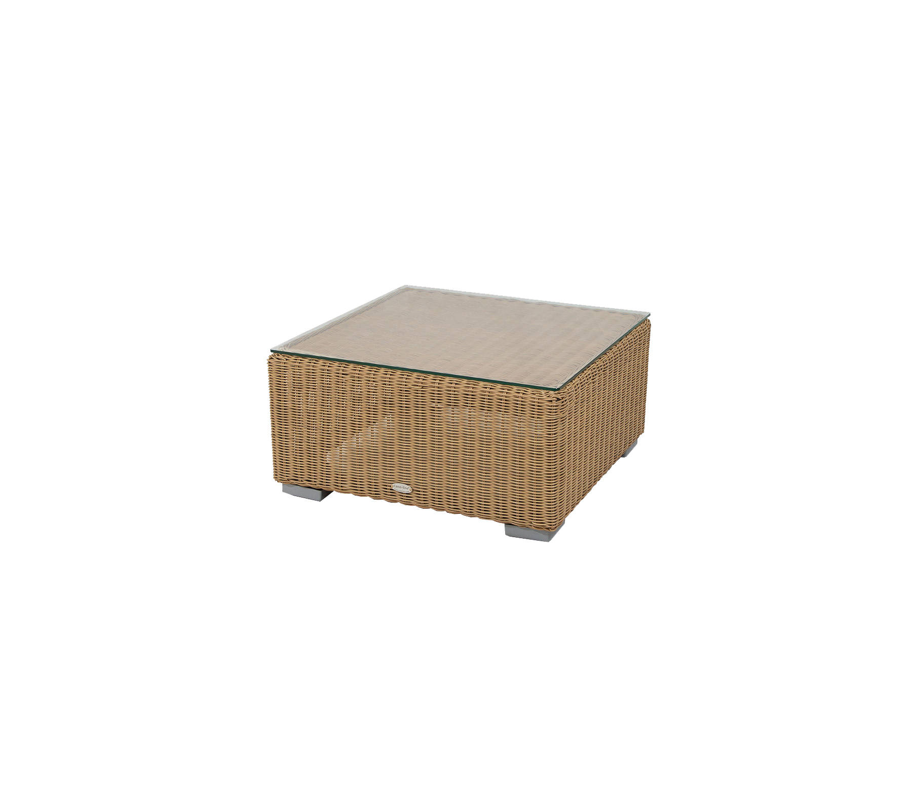 Table basse carrée avec un design tissé et un plateau en verre, idéale pour une décoration élégante dans divers environnements.
