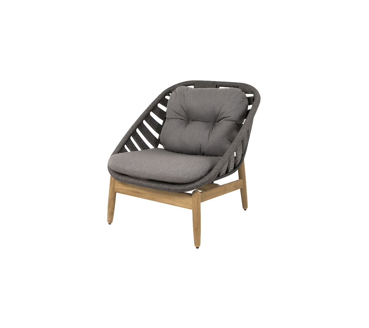 Chaise élégante avec un siège rembourré gris et un cadre en bois, présentant un design tissé unique pour une décoration moderne.