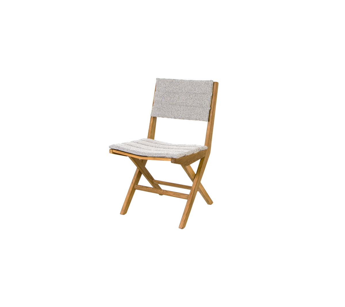 Chaise pliante avec un cadre en bois et un siège et un dossier en tissu texturé, alliant fonctionnalité et style pour une utilisation polyvalente.