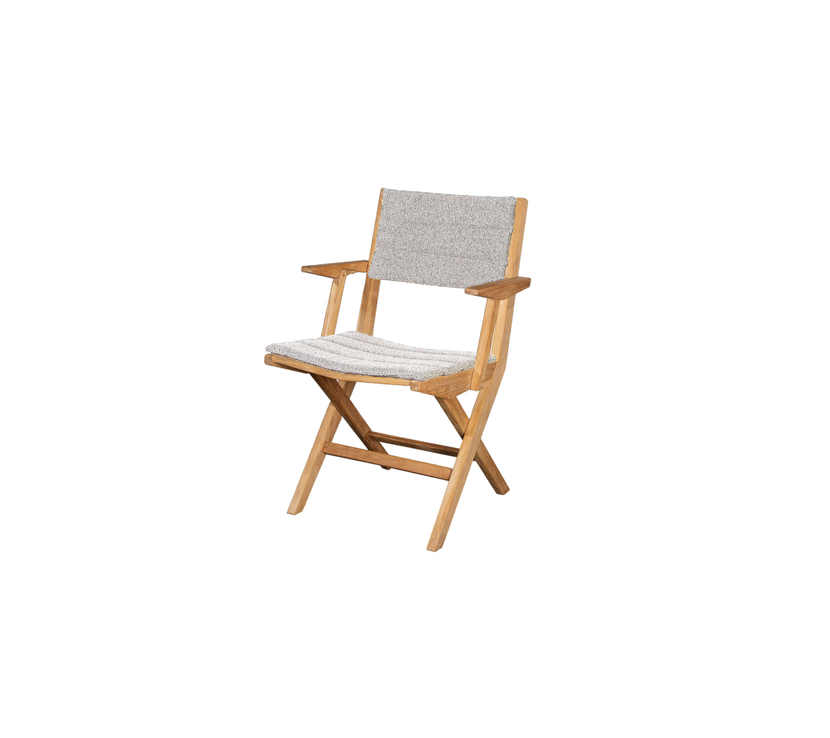 Chaise pliante en bois avec un siège et un dossier en tissu léger, caractérisée par des accoudoirs simples et un design minimaliste. Idéal pour divers environnements.