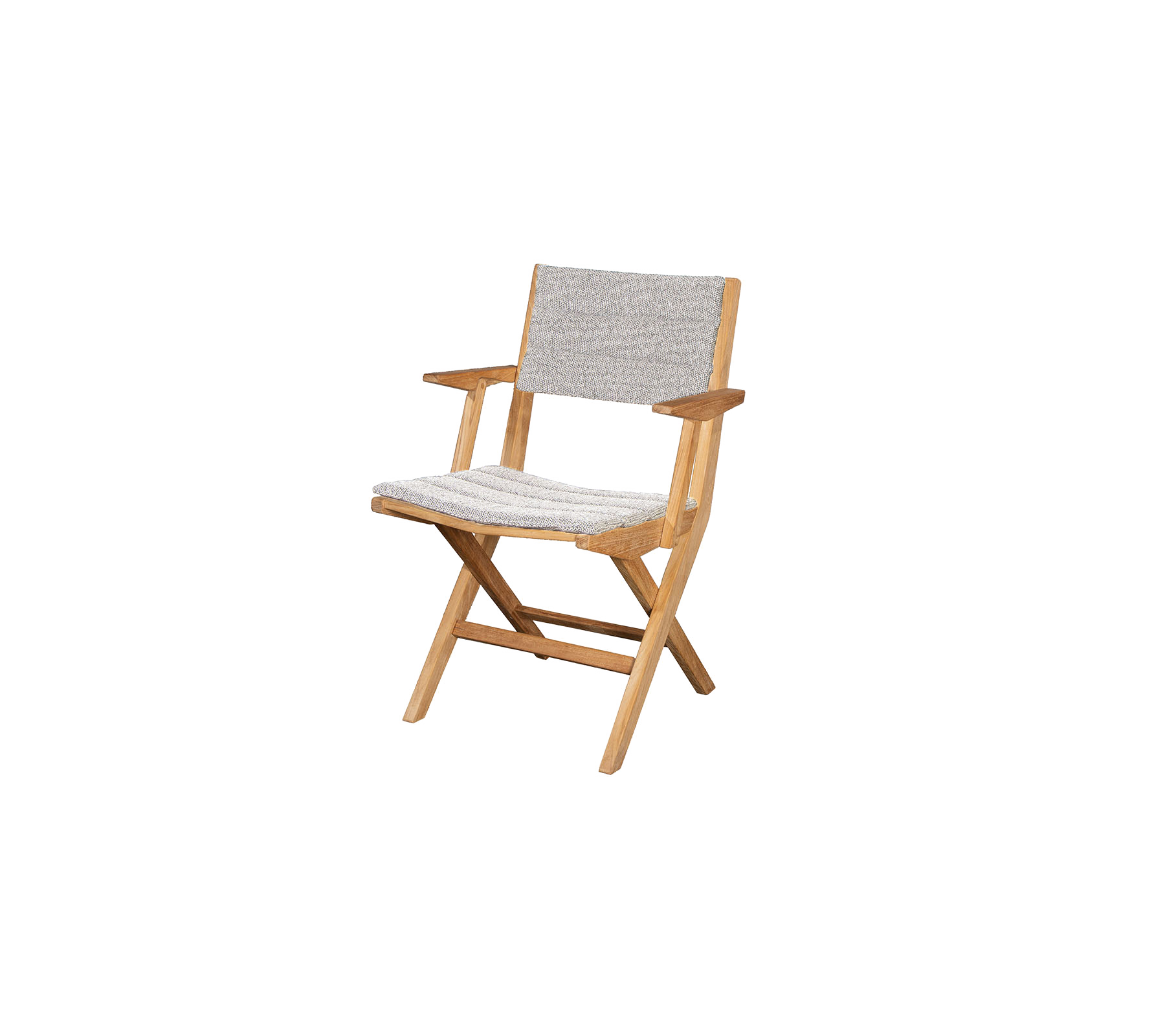 Chaise pliante en bois avec un siège et un dossier en tissu léger, caractérisée par des accoudoirs simples et un design minimaliste. Idéal pour divers environnements.